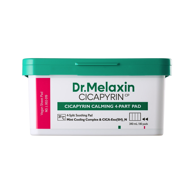 drmelaxin-cicapyrin-calming-4-part-pads-80ct-98.jpg DR.MELAXIN CICAPYRIN CALMING 4-PART PAD Soothing face pads with a cooling complex, 80 pcs. (340 ml) - Image 1