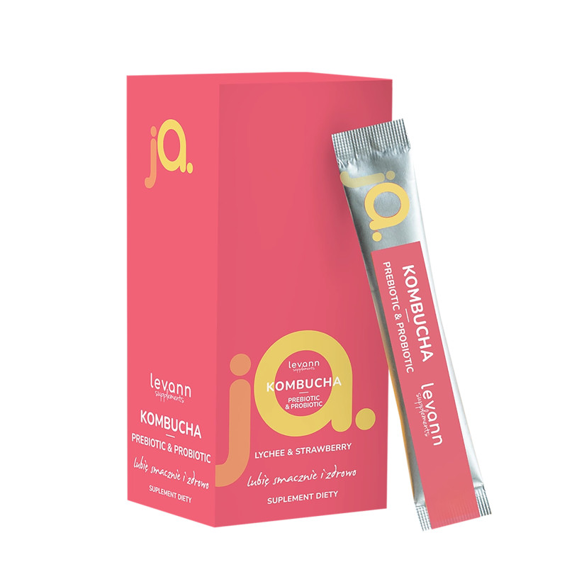 levann-ja-kombucha-lycheestrawberry-10x6g-98.jpg LEVANN “jA” Kombucha Prebiotic & Probiotic Lychee & Strawberry Sticks – 10 Sachets - Image 1